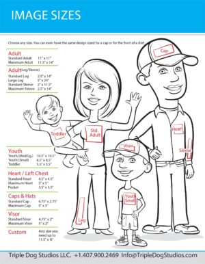 An illustration featuring a family with a man, woman, and boy, showing labeled image size examples for custom apparel printing. DTF Transfer Size Chart for adult, youth, toddler, and various placements like caps, hearts, sleeves, and legs are displayed, along with contact information for Triple Dog Studios. This image also helps with the DTF Calculator.