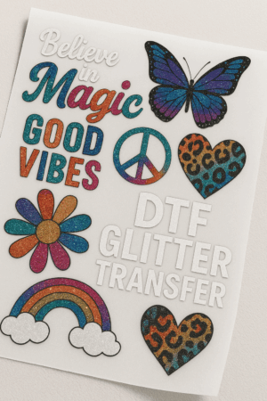 This product image showcases a high-quality DTF Glitter Transfer gang sheet filled with colorful, glitter-enhanced graphics including rainbows, hearts, butterflies, peace signs, and bold lettering. Each design features a sparkling finish and crisp detail, demonstrating the vibrant color output and premium glitter effect achievable with our DTF Glitter Transfer technology. Perfect for apparel brands and creators looking for eye-catching, durable, and professional-grade custom prints.