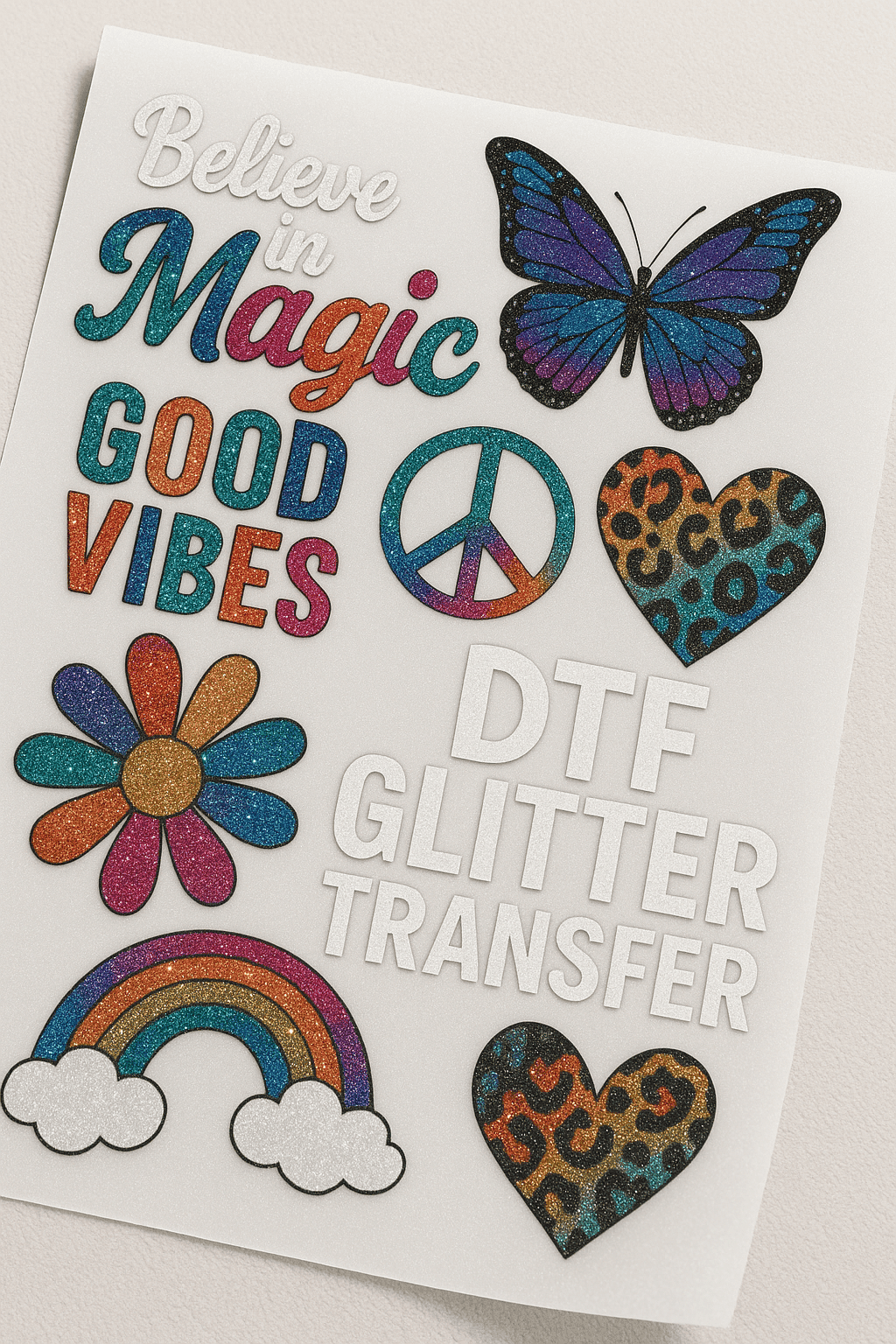 Dtf Glitter Transfer Gang Sheet 1 This Product Image Showcases A High-Quality Dtf Glitter Transfer Gang Sheet Filled With Colorful, Glitter-Enhanced Graphics Including Rainbows, Hearts, Butterflies, Peace Signs, And Bold Lettering. Each Design Features A Sparkling Finish And Crisp Detail, Demonstrating The Vibrant Color Output And Premium Glitter Effect Achievable With Our Dtf Glitter Transfer Technology. Perfect For Apparel Brands And Creators Looking For Eye-Catching, Durable, And Professional-Grade Custom Prints.