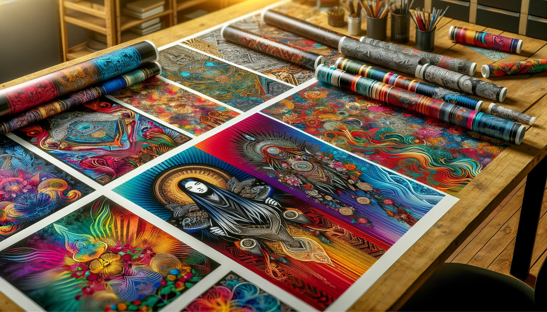 Assorted Colorful Dtf Transfer Prints On A Workshop Table Showcasing Various Patterns And Designs With 300 Dpi Dtf Printing