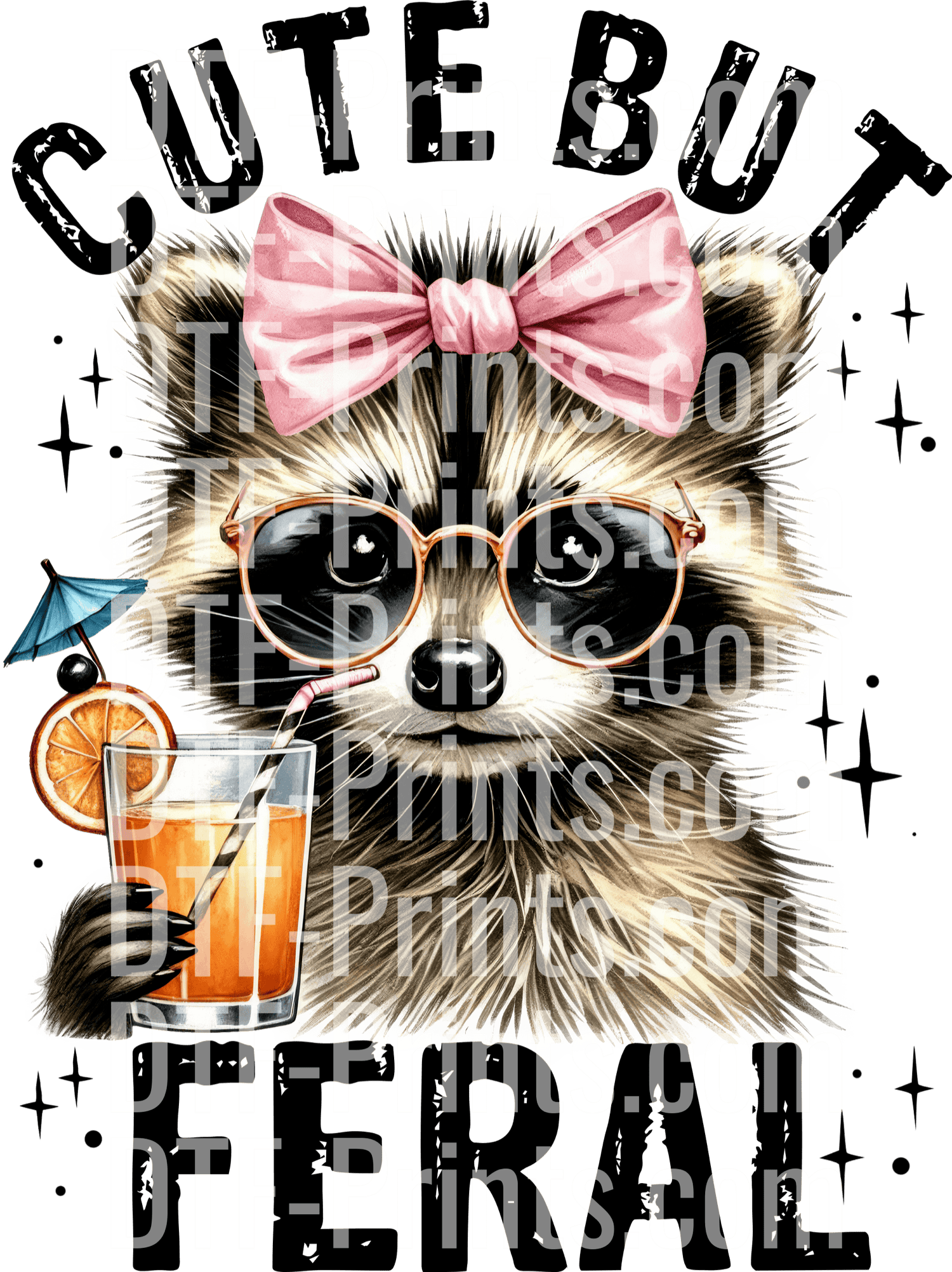Cute But Feral Raccoon With Pink Bow And Sunglasses Drinking Cocktail 1 Feral Raccoon Dtf Transfer
