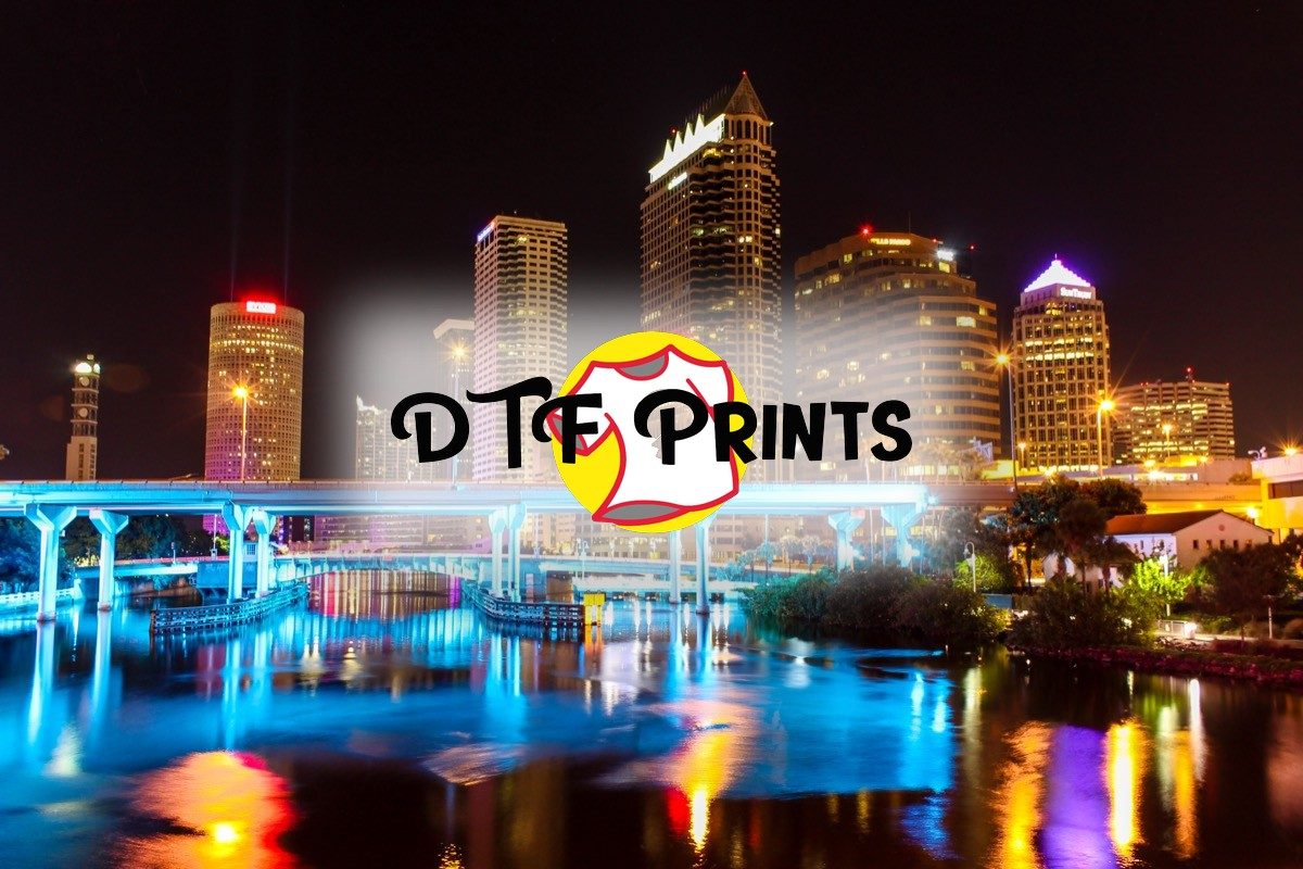 #1 Quality Fast Wholesale Dtf Transfers 1 Tampa Florida Skyline At Night With Dtf-Prints.com Logo - Premium Custom Dtf Transfers