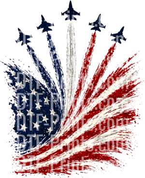 Fighter Jets Flying Over Distressed American Flag Burst Design