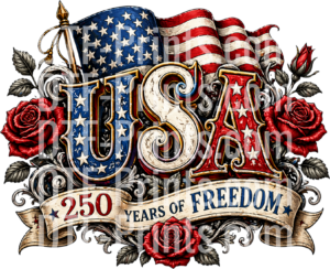 USA 250 Years of Freedom American Flag Vintage Patriotic Design with Red Roses